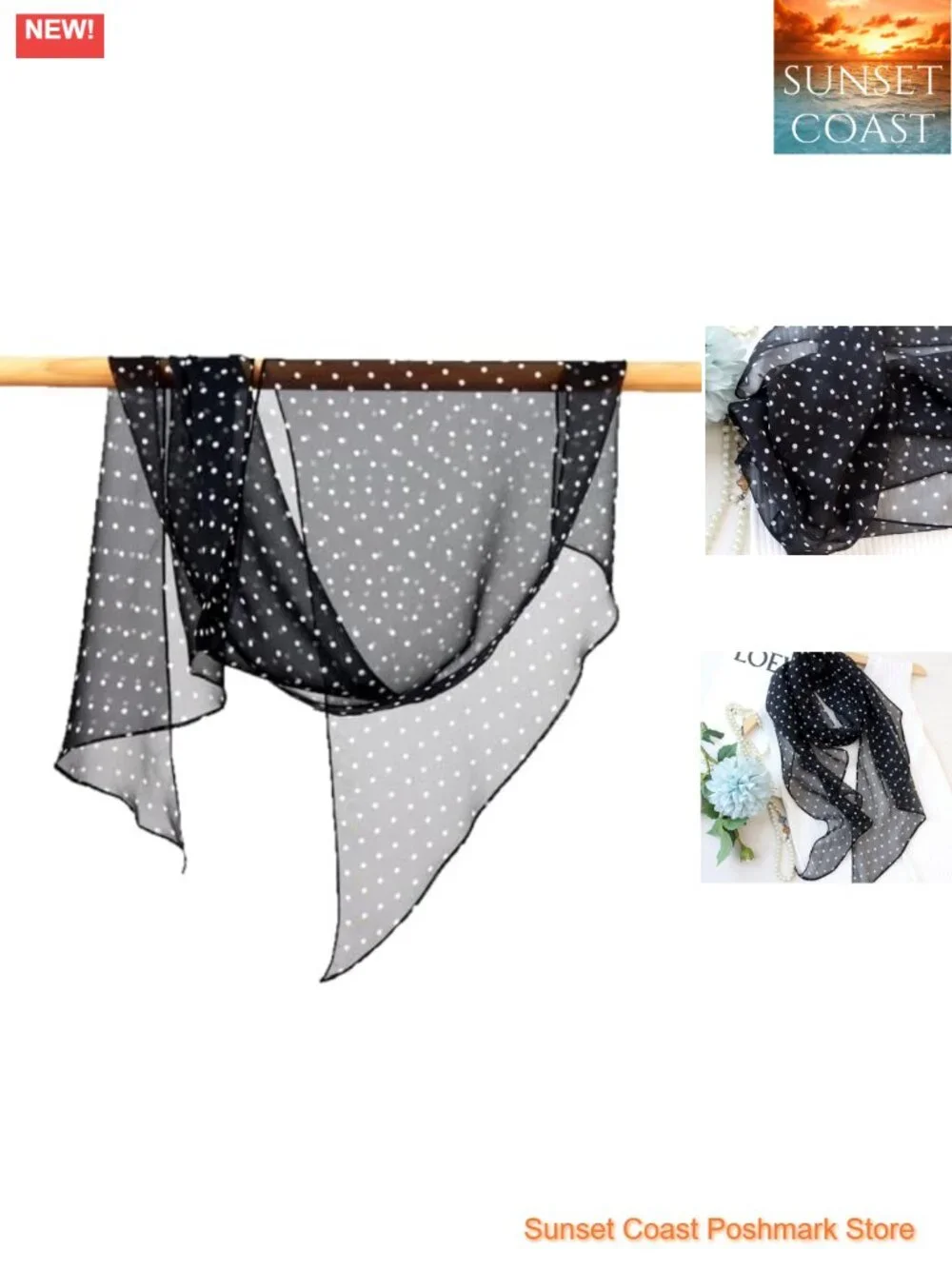 100% Mulberry Silk Fashion Scarf Long Lightweight Soft Polka Dot Print